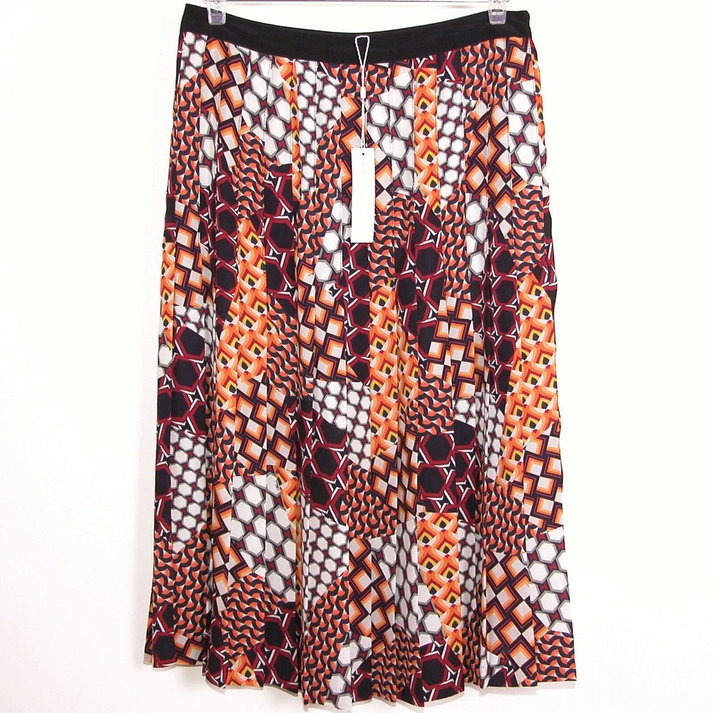 Trina Turk Womens Pleated Skirt size 8 Geometric Print Unlined Mid Calf Side Zip
